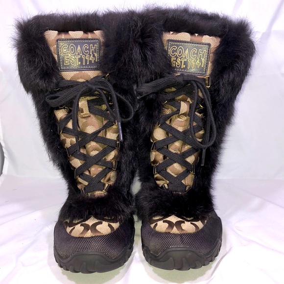 Coach Jennie Khaki/Chocolate boot with fur trim